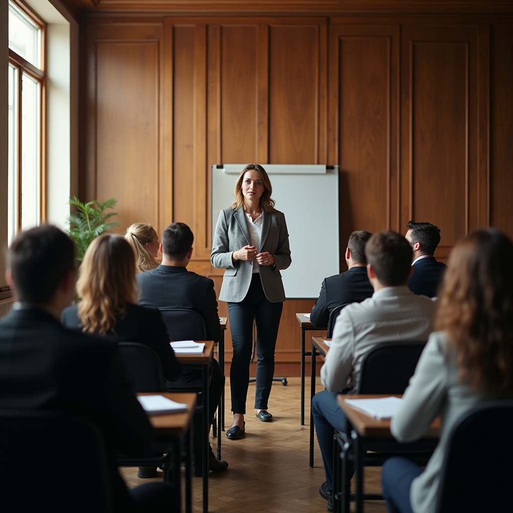Edukator koji prezentira zadružna načela grupi pažljivih polaznika