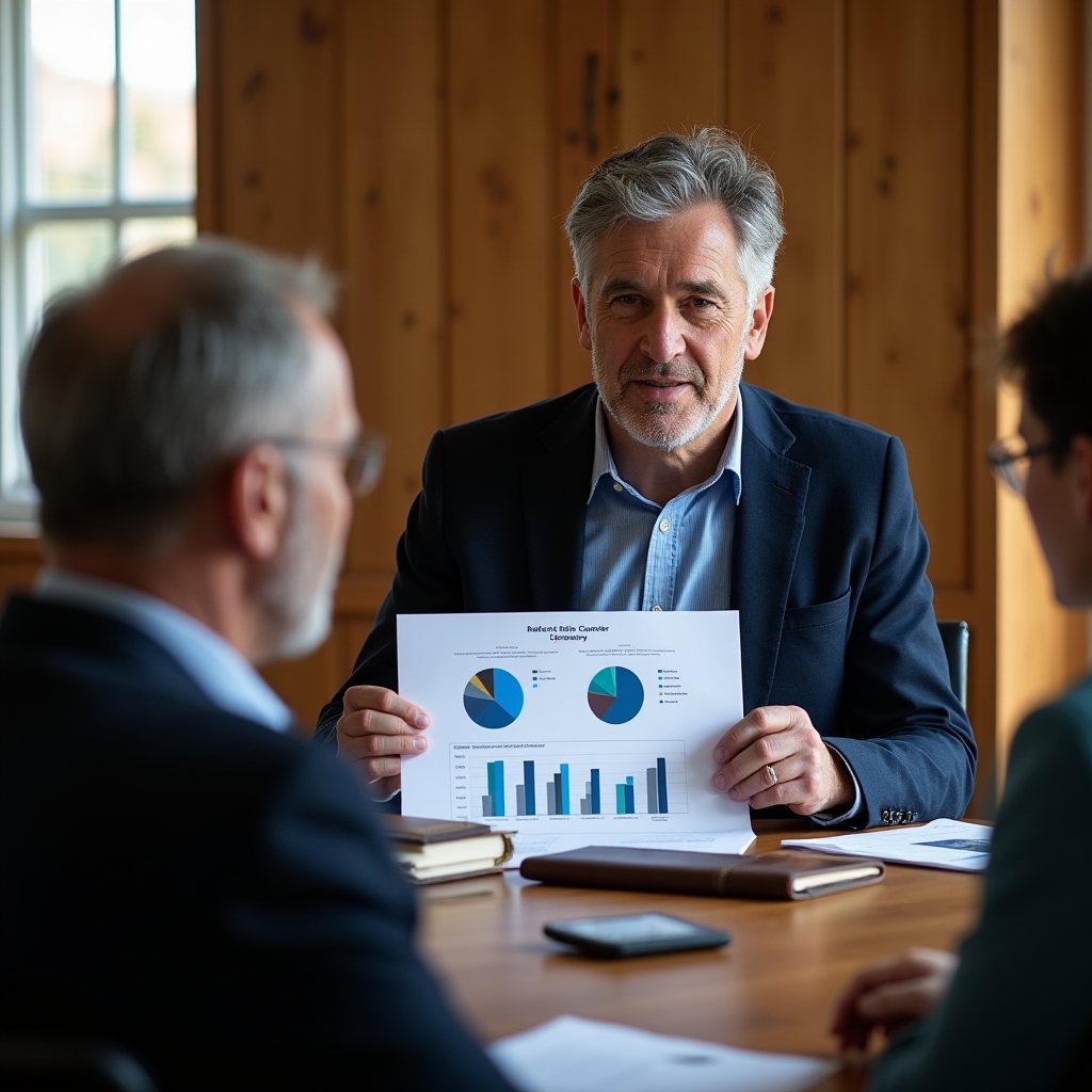 Financijski savjetnik koji objašnjava grafikone raspodjele viška zadrugama